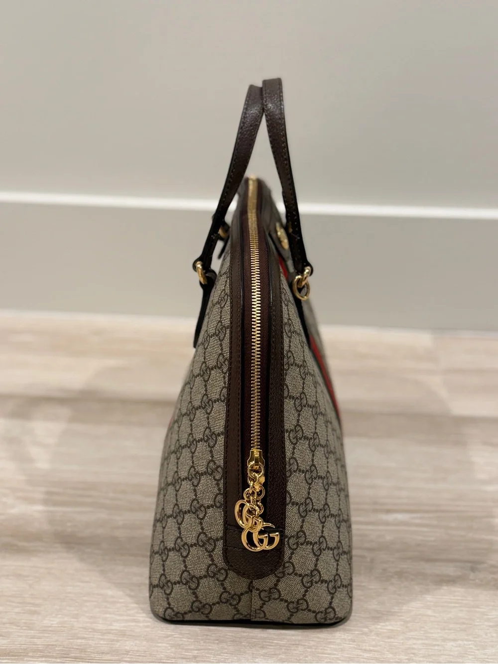Gucci Brown/Beige GG Canvas Satchel with Green-Red Web Stripe